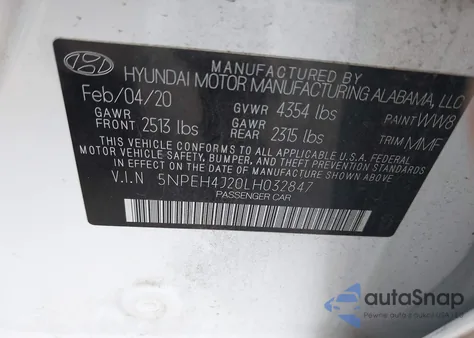 2020 Hyundai Sonata Limited from USA, damaged, VIN 5NPEH4J20LH032847